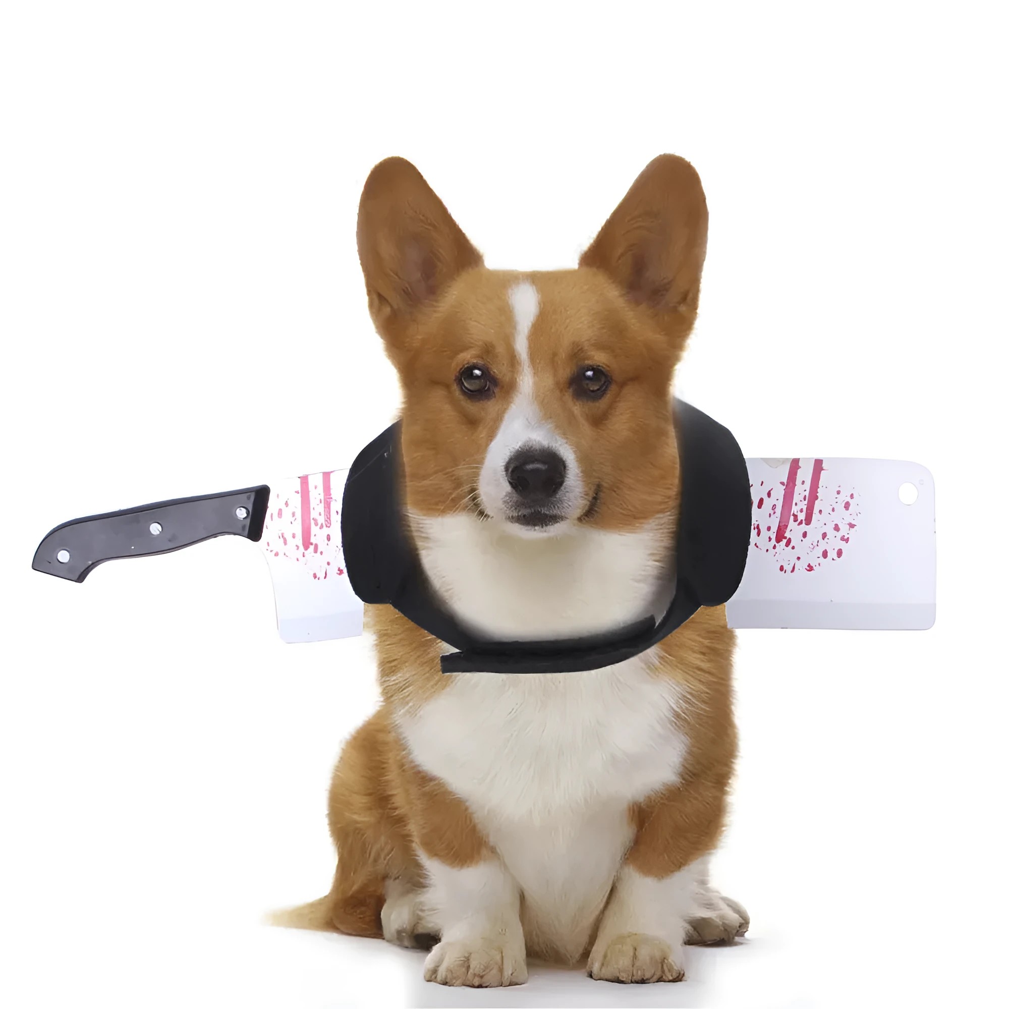 Black felt pet costume vest with plastic bloody knife blade for cats and dogs, hook and loop fasteners, three sizes