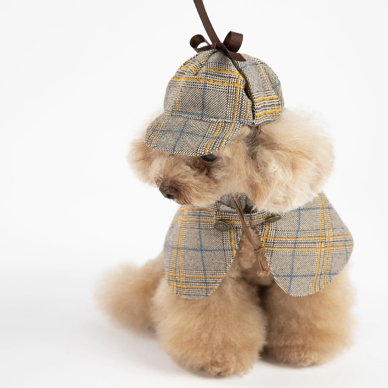 Camel-coloured detective suit style cotton cloak for a small dog with an adjustable hat.