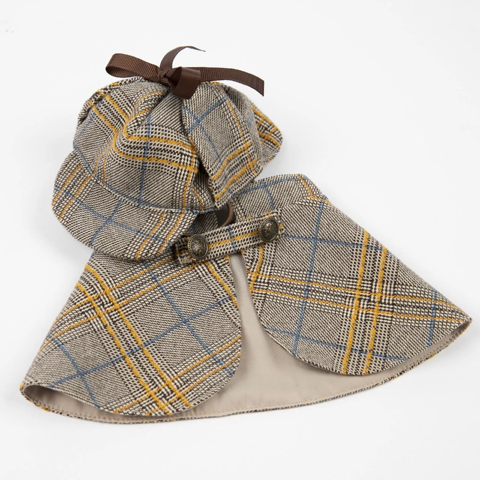 Camel-coloured detective suit style cotton cloak for a small dog with an adjustable hat.