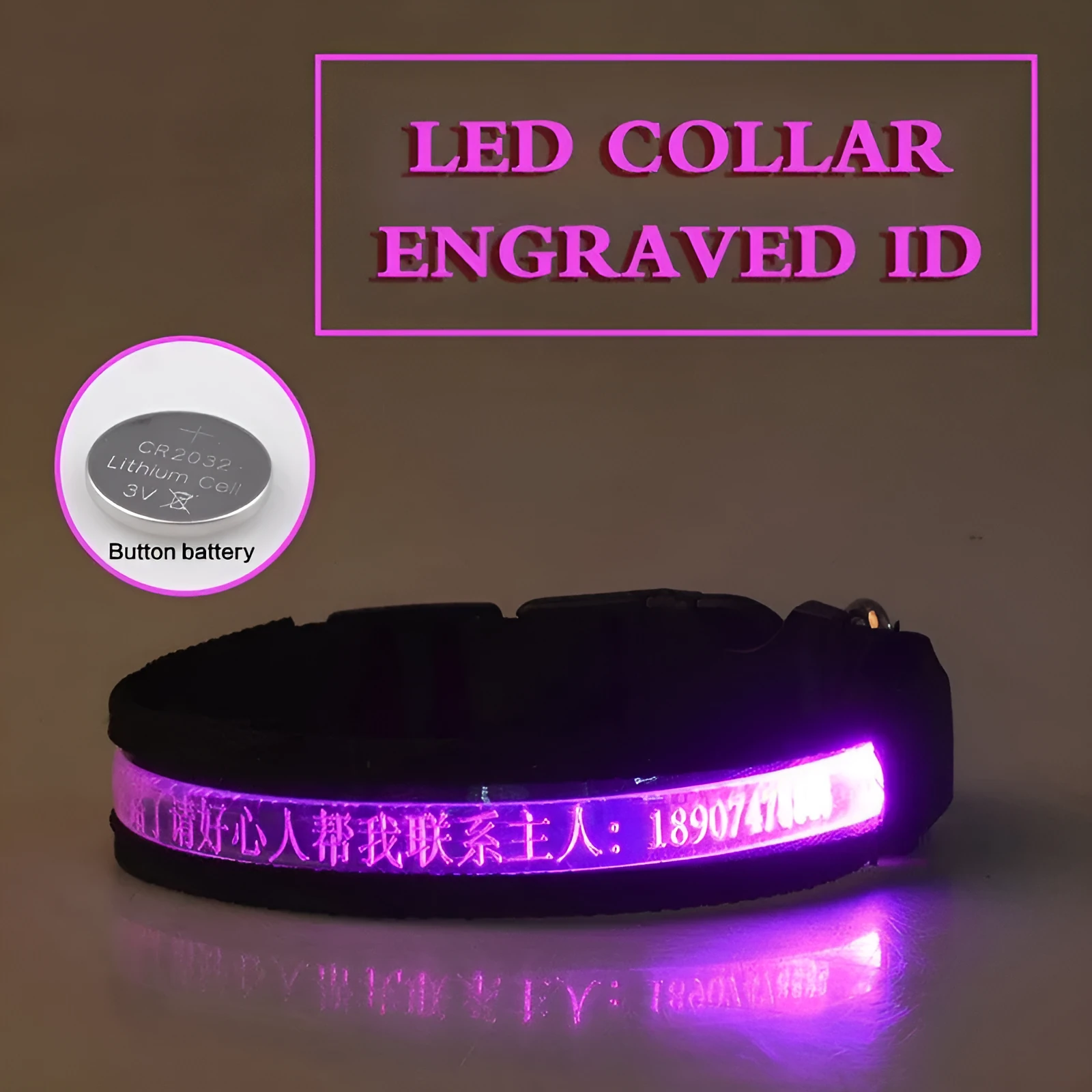 Pet glow collar with radium carved lettering in PP material, available in multiple colours and sizes