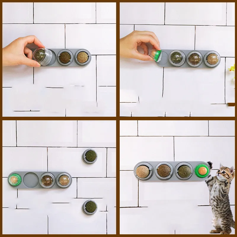 Licking Le Spinning Catnip Ball in random colour on floor next to a cat