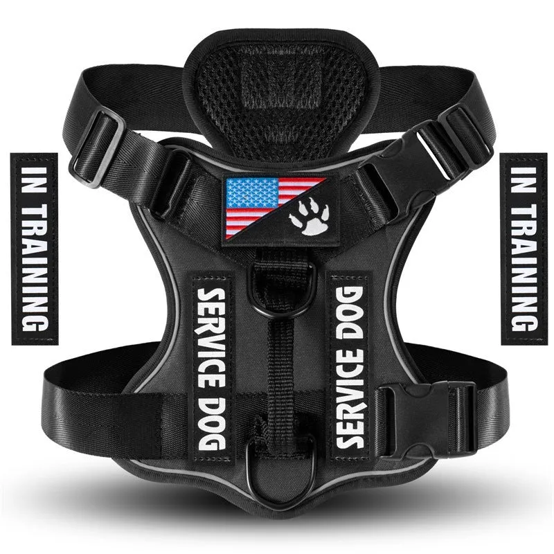 Shock absorption reflective nylon pet tactical chest strap in black with adjustable buckles