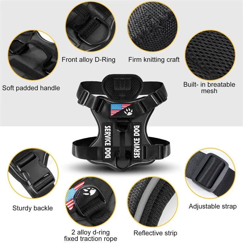 Shock absorption reflective nylon pet tactical chest strap in black with adjustable buckles