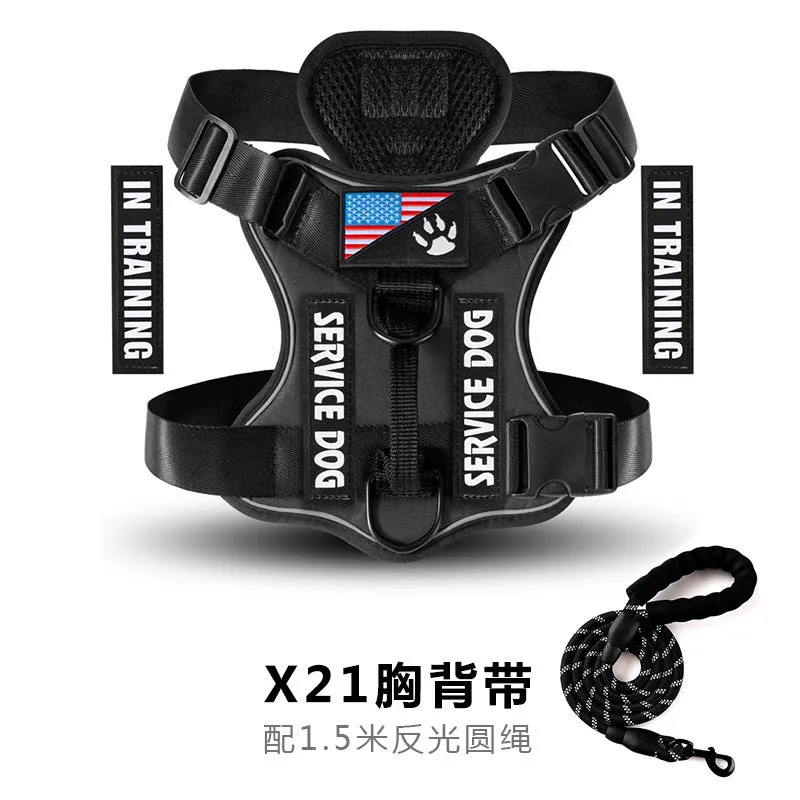 Shock absorption reflective nylon pet tactical chest strap in black with adjustable buckles