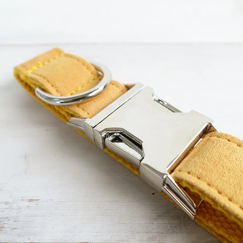 Yellow velvet polyester adjustable dog collar on white background showing five sizes XS to XL with neck measurement chart