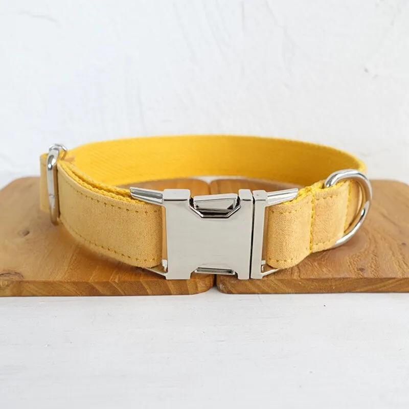 Yellow velvet polyester adjustable dog collar on white background showing five sizes XS to XL with neck measurement chart