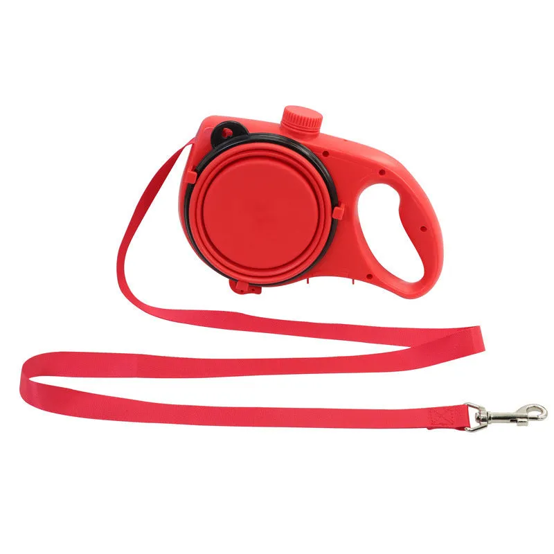 Blue plastic pet leash with attached water bottle on a bright background