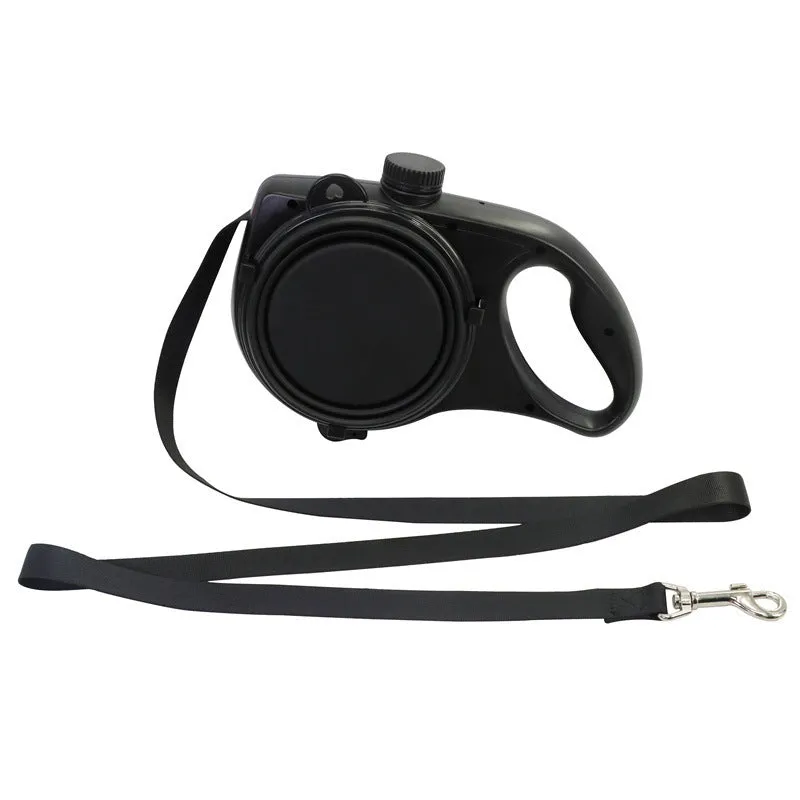 Blue plastic pet leash with attached water bottle on a bright background