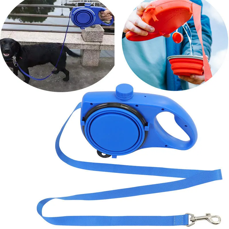 Blue plastic pet leash with attached water bottle on a bright background