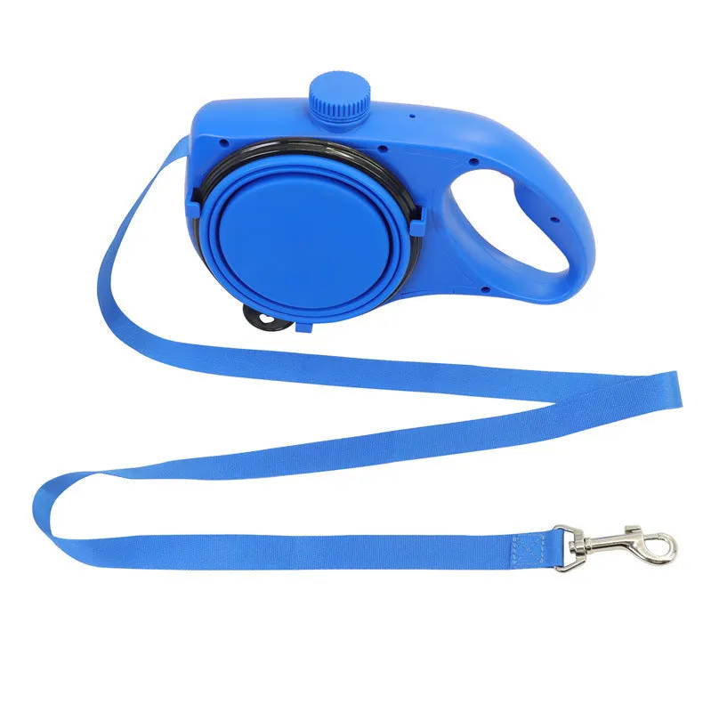 Blue plastic pet leash with attached water bottle on a bright background