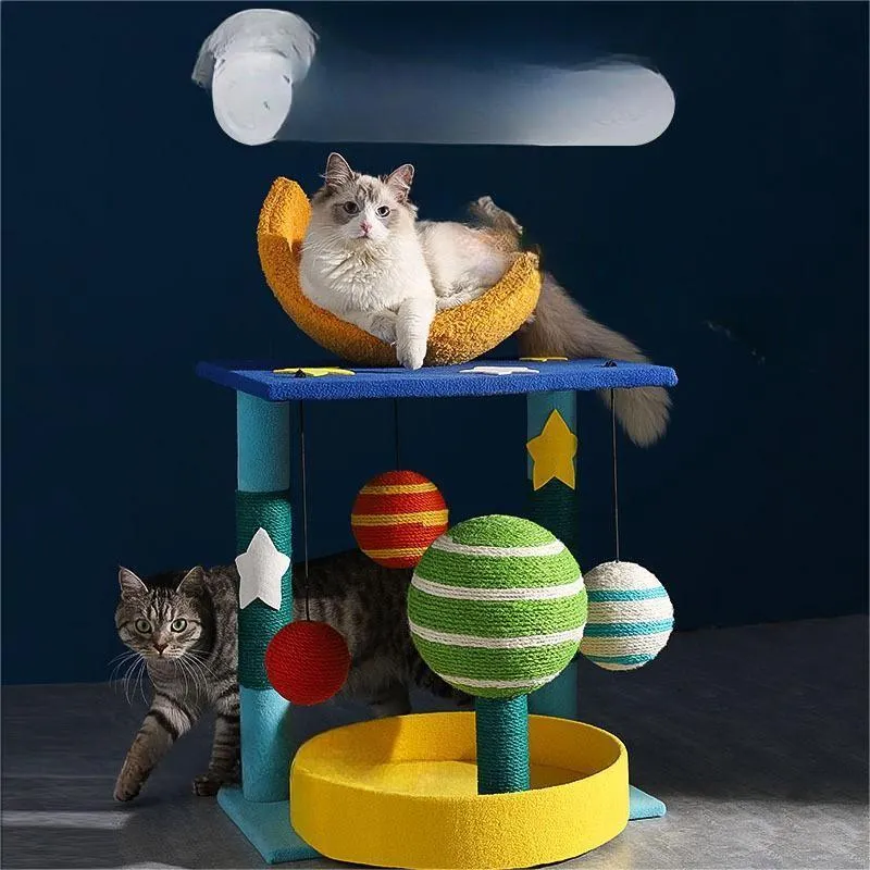 Star-shaped cat climbing frame with teddy velvet shelf nest and sisal scratching post in medium size cartoon style