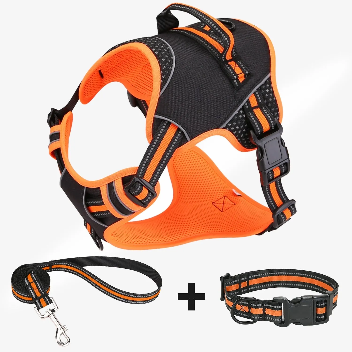 Yellow polyester dog harness and traction strap set shown with anti-breaking design for outdoor training