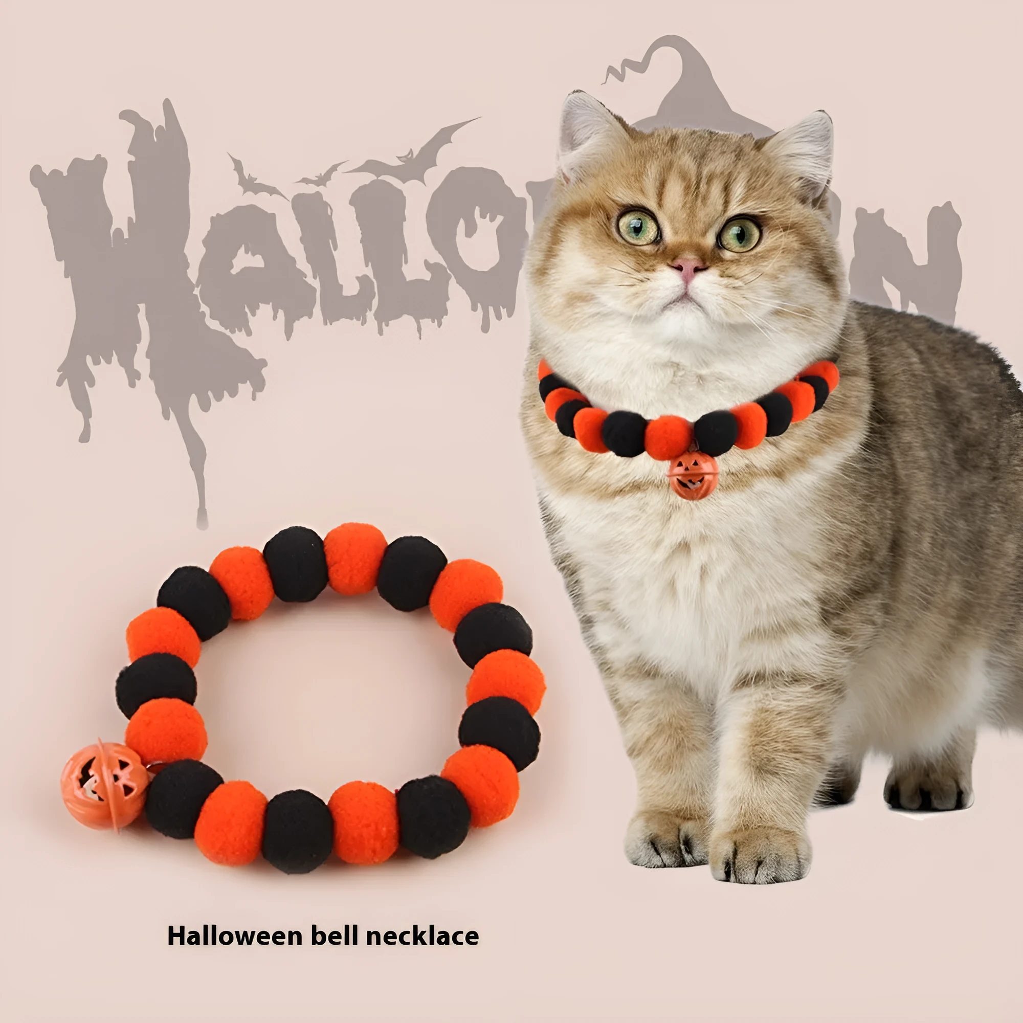Naughty cat collar with pumpkin trick or treat design and bell ball in Halloween style