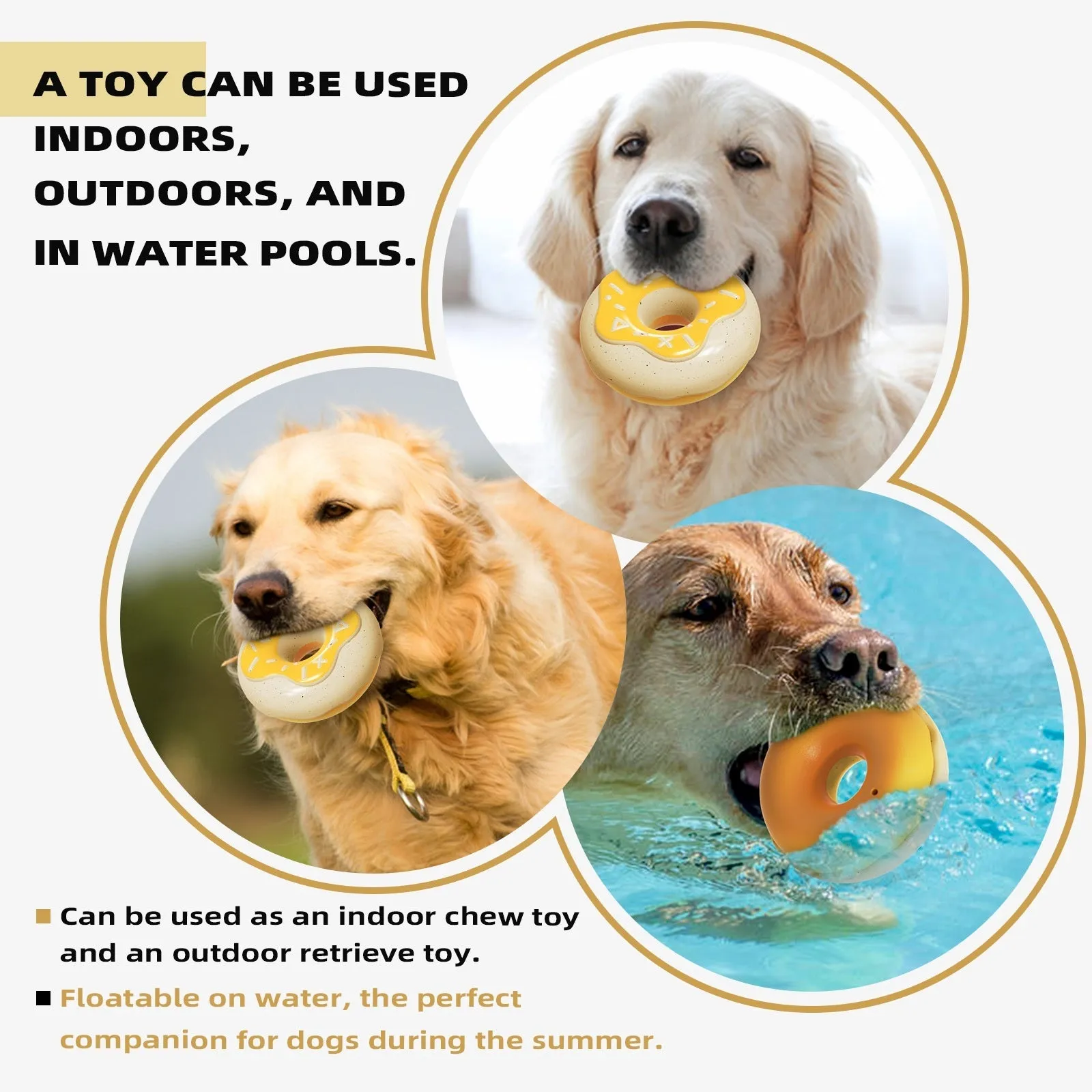 TPR donut-shaped dog chew toy in pink, chocolate, or yellow for molar teeth cleaning with sound.