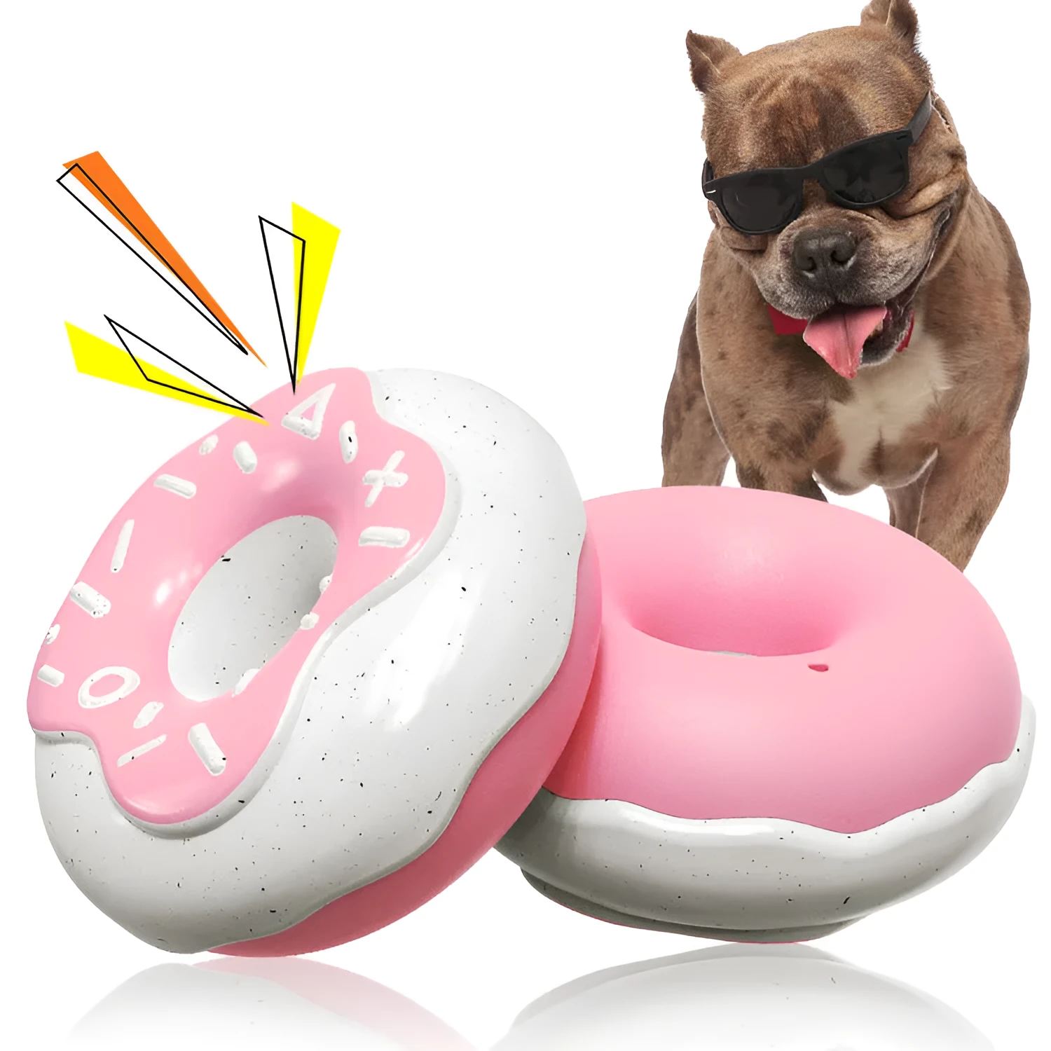 TPR donut-shaped dog chew toy in pink, chocolate, or yellow for molar teeth cleaning with sound.