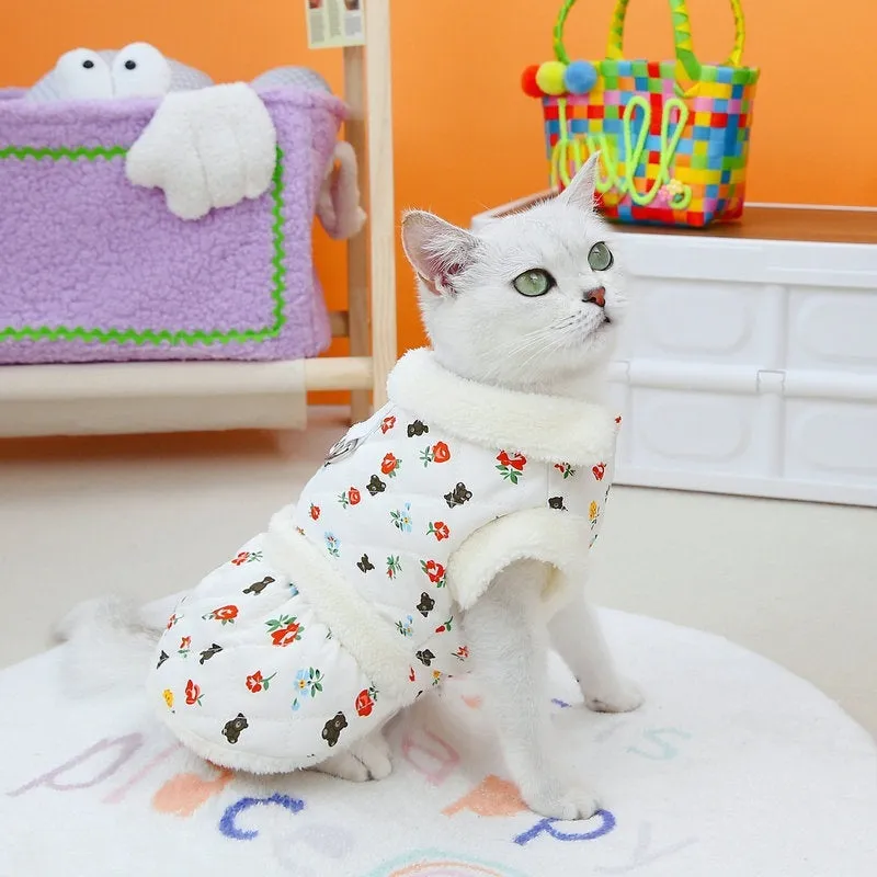 Autumn winter pet cat clothing in pink made with broken card printing fabric cotton and cotton velvet