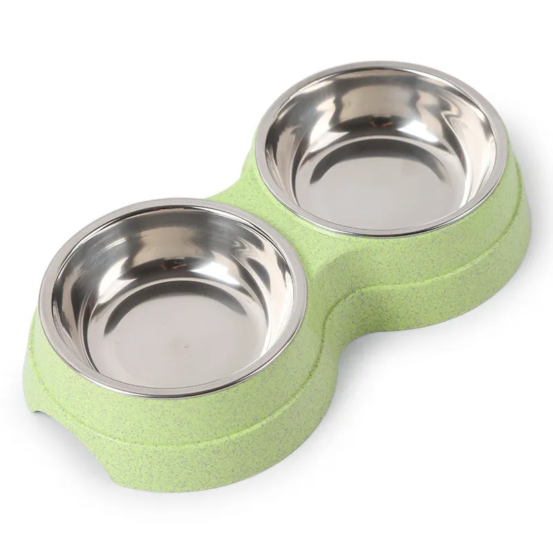 Stainless steel rice bowl for pets with blue straw plastic non-slip base, 24.5 cm size