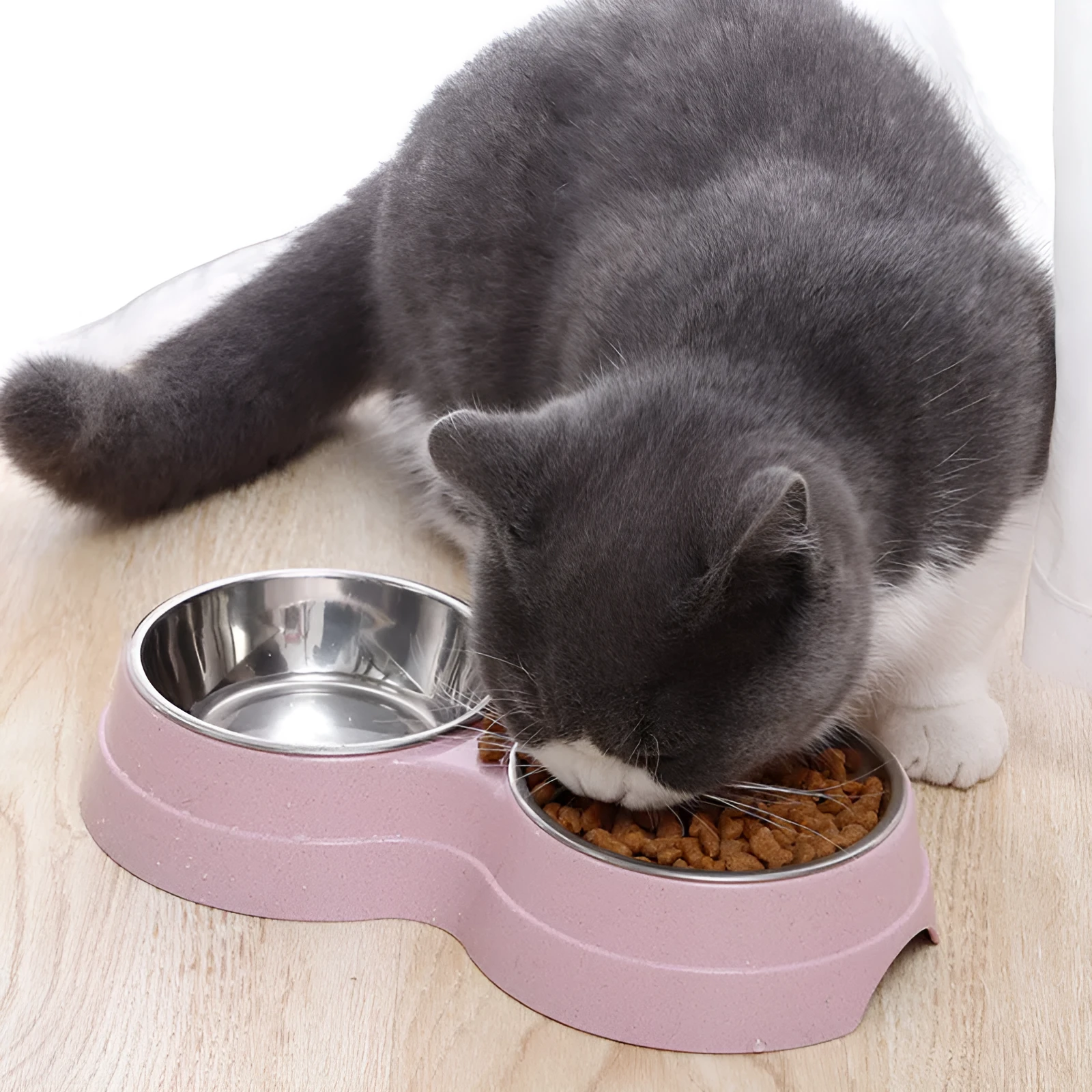 Stainless steel rice bowl for pets with blue straw plastic non-slip base, 24.5 cm size