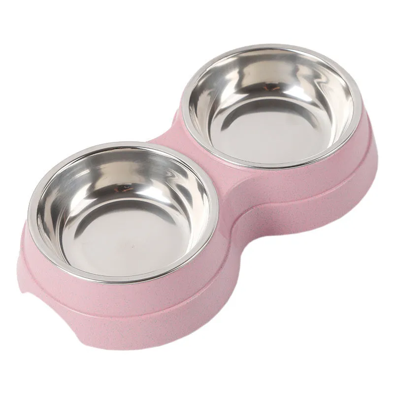 Stainless steel rice bowl for pets with blue straw plastic non-slip base, 24.5 cm size