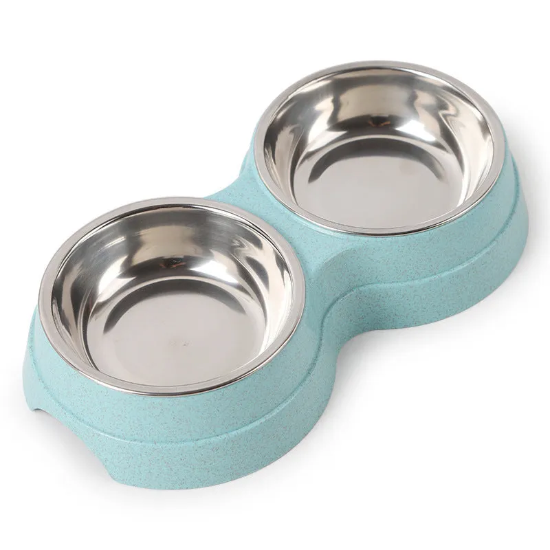 Stainless steel rice bowl for pets with blue straw plastic non-slip base, 24.5 cm size