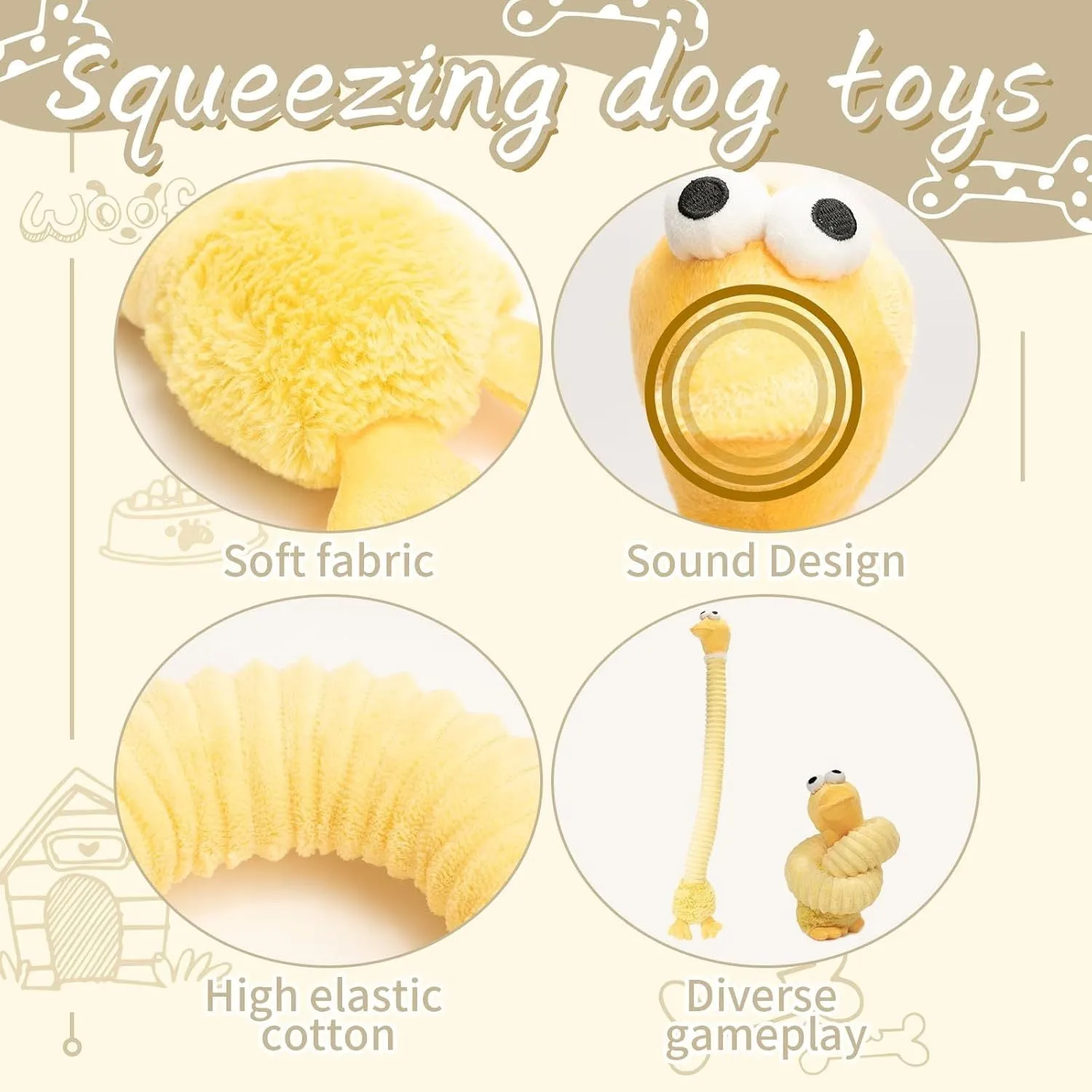 Brown grey yellow squeaky dog toys with plush stuffing and crinkle sound