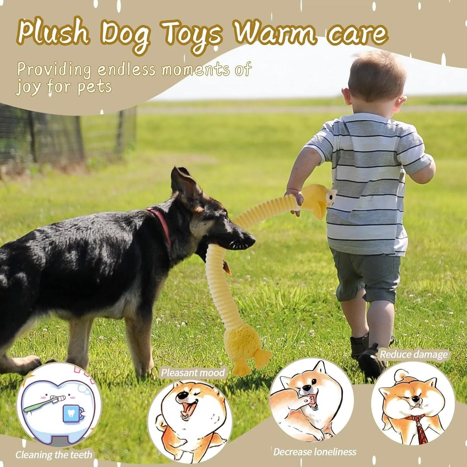 Brown grey yellow squeaky dog toys with plush stuffing and crinkle sound