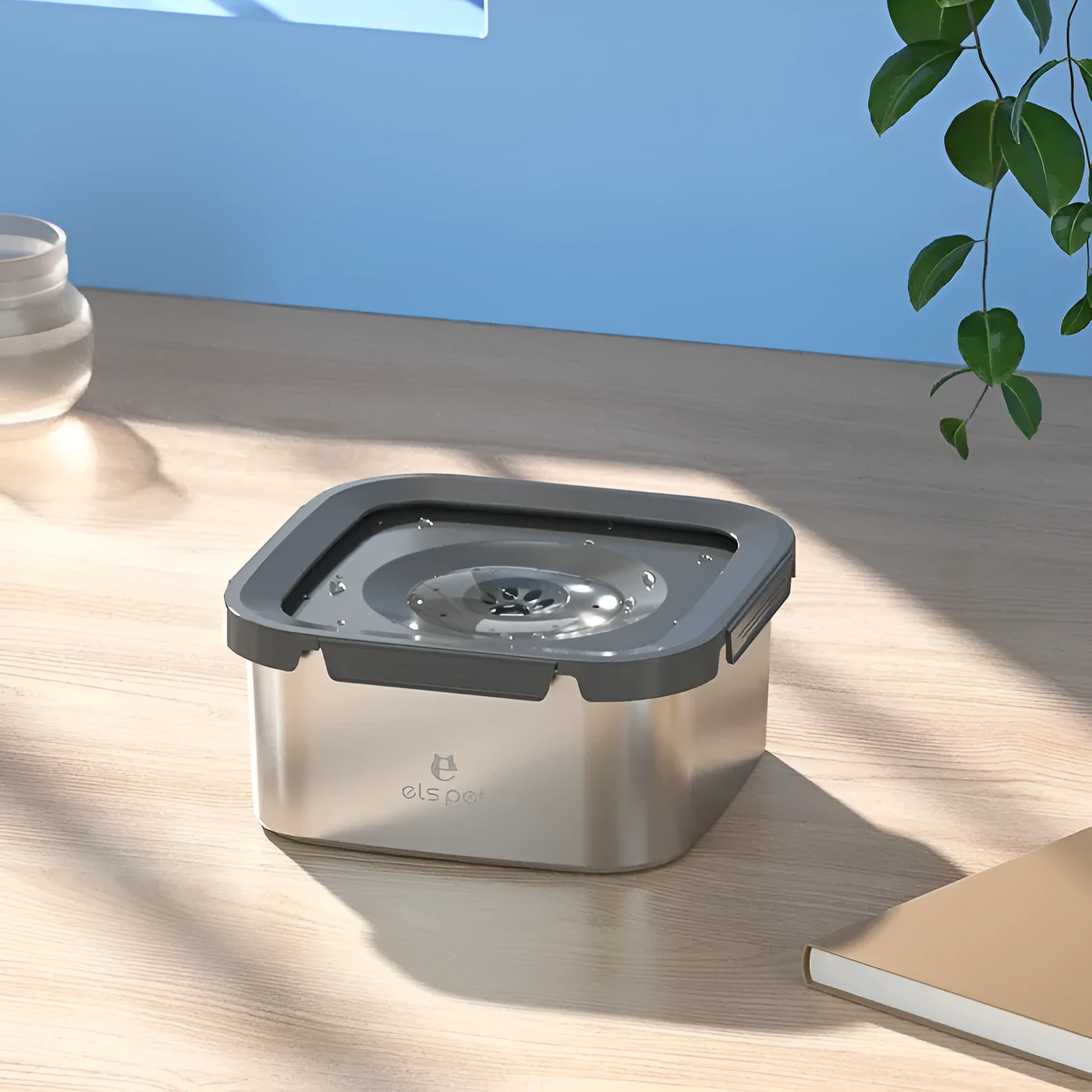 Stainless steel floating pet water bowl with filter element and anti-tumble base