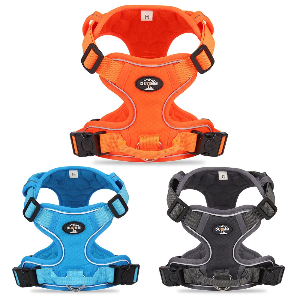 Reflective dog harness vest in orange with handle and round rope, Oxford cloth construction