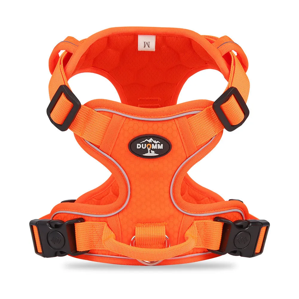 Reflective dog harness vest in orange with handle and round rope, Oxford cloth construction