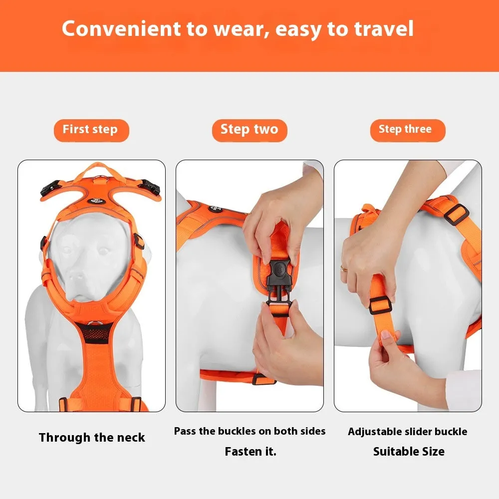 Reflective dog harness vest in orange with handle and round rope, Oxford cloth construction
