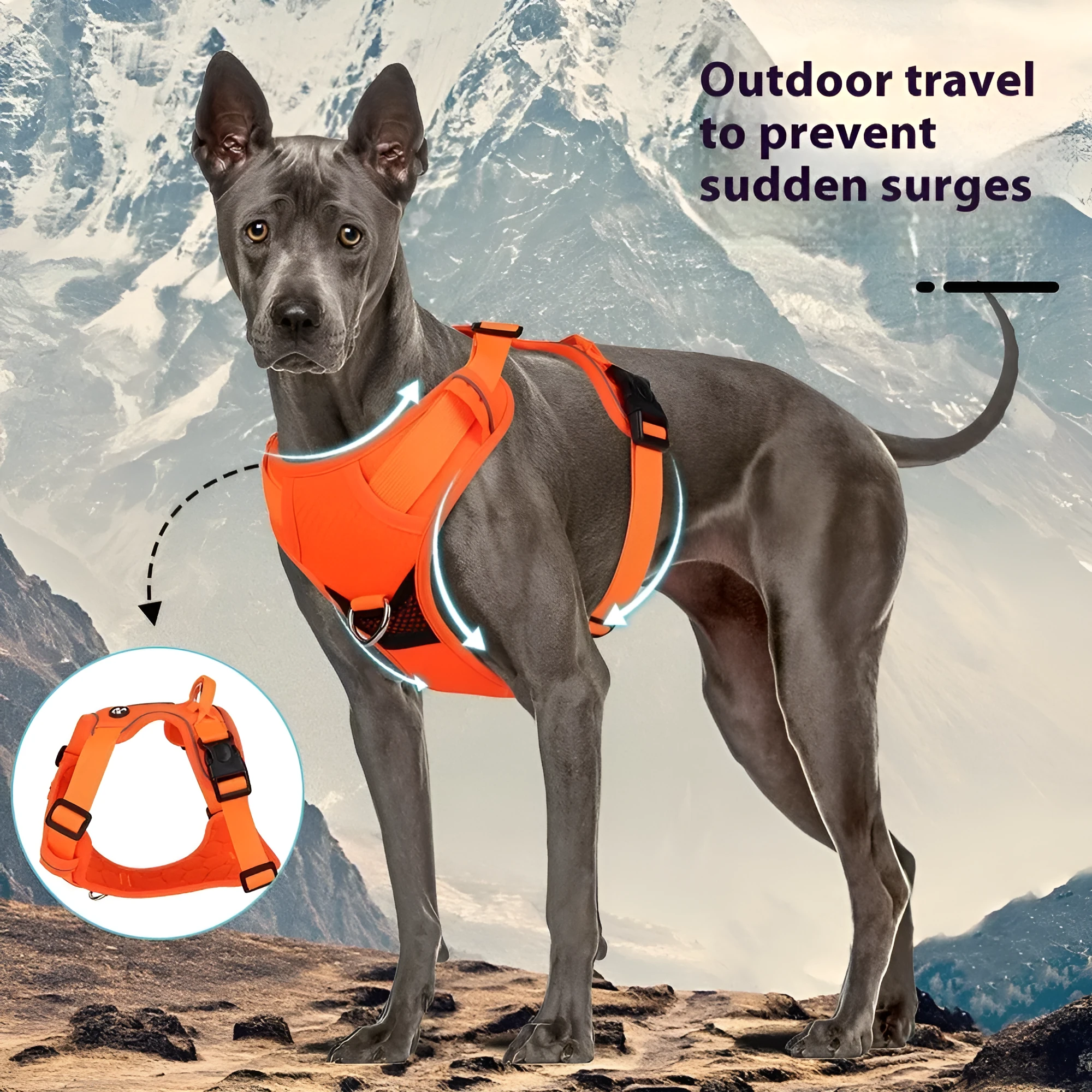 Reflective dog harness vest in orange with handle and round rope, Oxford cloth construction