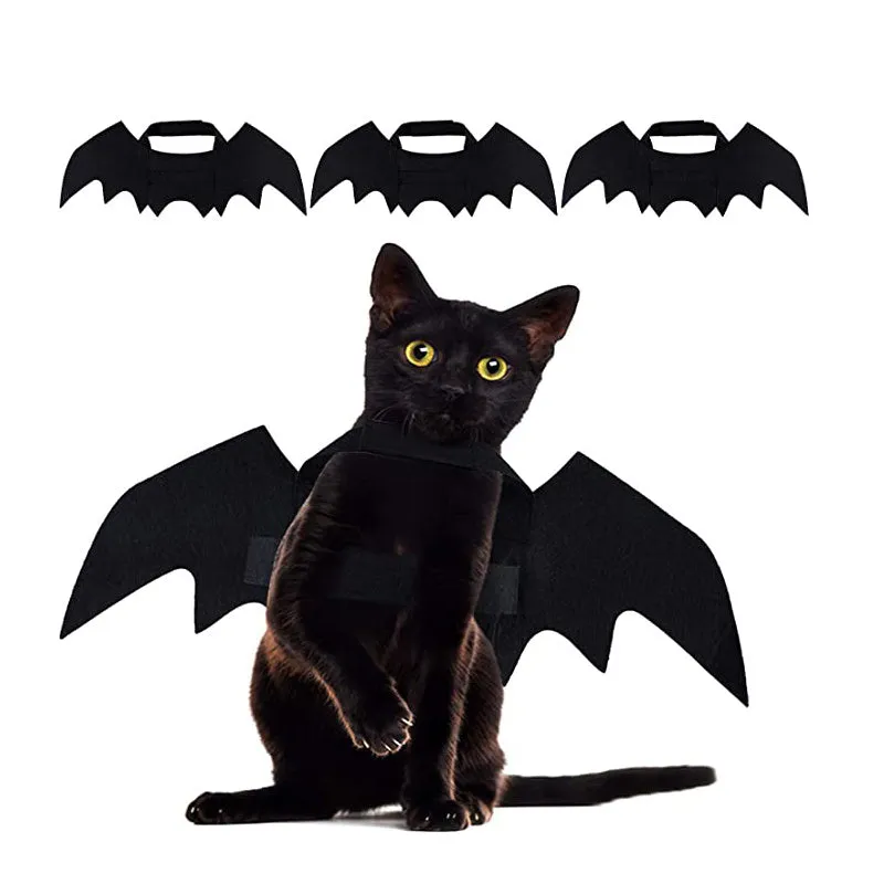 Black felt bat wings for a cat with adjustable Velcro straps, Halloween pet accessory