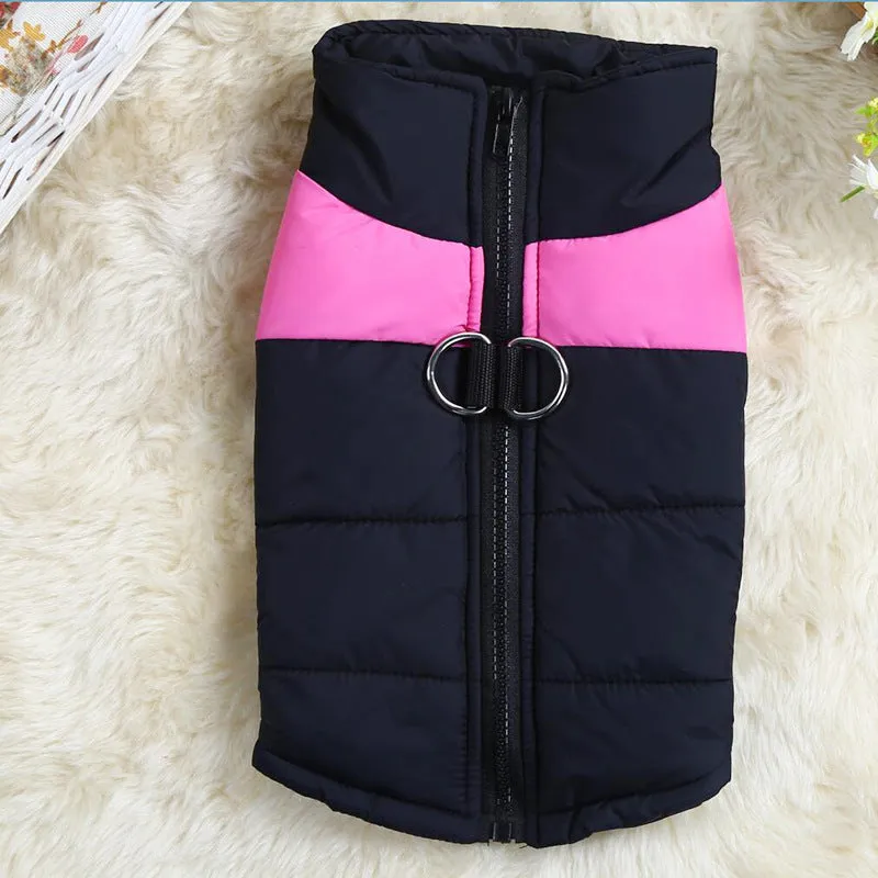 Autumn winter dog ski suit cotton coat vest in blue, showing vest style and casual design