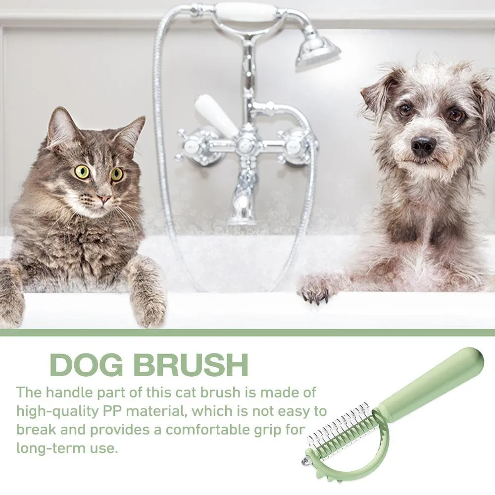 Dinosaur-shaped double-sided cat brush with self-cleaning mechanism in blue, green and white colours