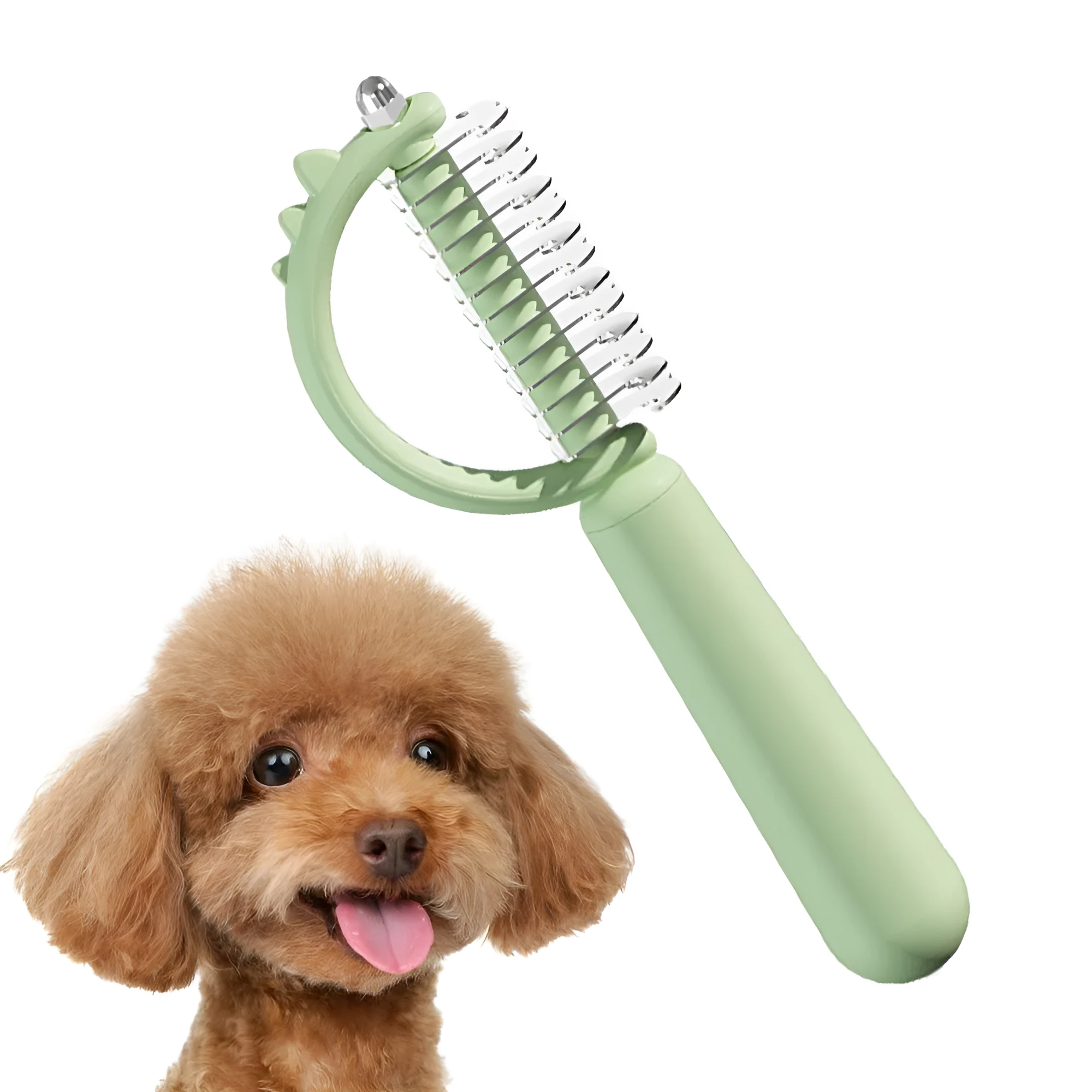 Dinosaur-shaped double-sided cat brush with self-cleaning mechanism in blue, green and white colours