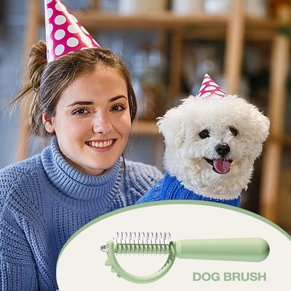Dinosaur-shaped double-sided cat brush with self-cleaning mechanism in blue, green and white colours