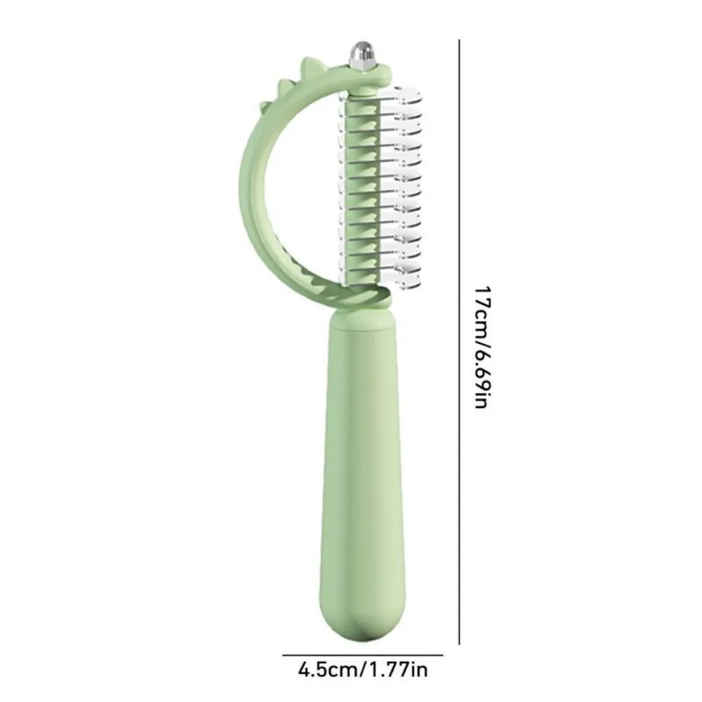 Dinosaur-shaped double-sided cat brush with self-cleaning mechanism in blue, green and white colours