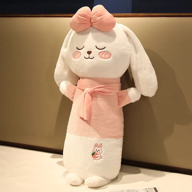 Cartoon animal long plush pillow in pig shape with embroidered face, 60cm length on sofa