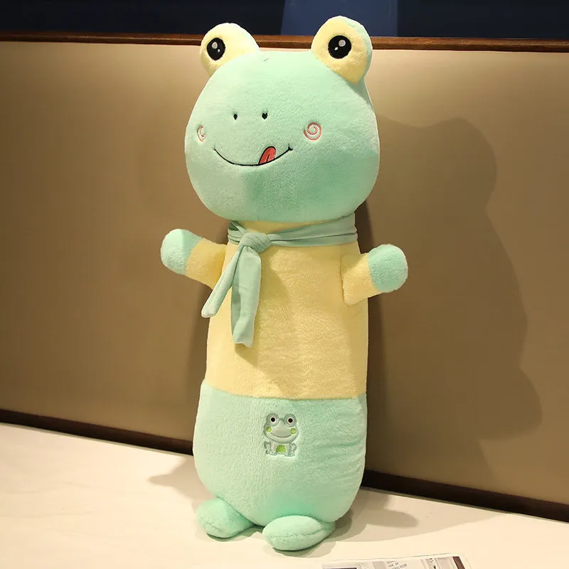 Cartoon animal long plush pillow in pig shape with embroidered face, 60cm length on sofa