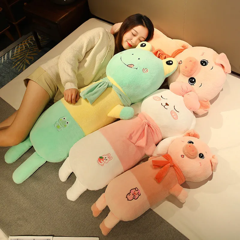 Cartoon animal long plush pillow in pig shape with embroidered face, 60cm length on sofa