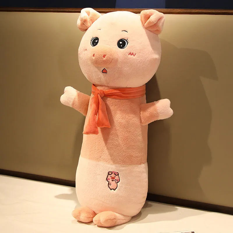 Cartoon animal long plush pillow in pig shape with embroidered face, 60cm length on sofa