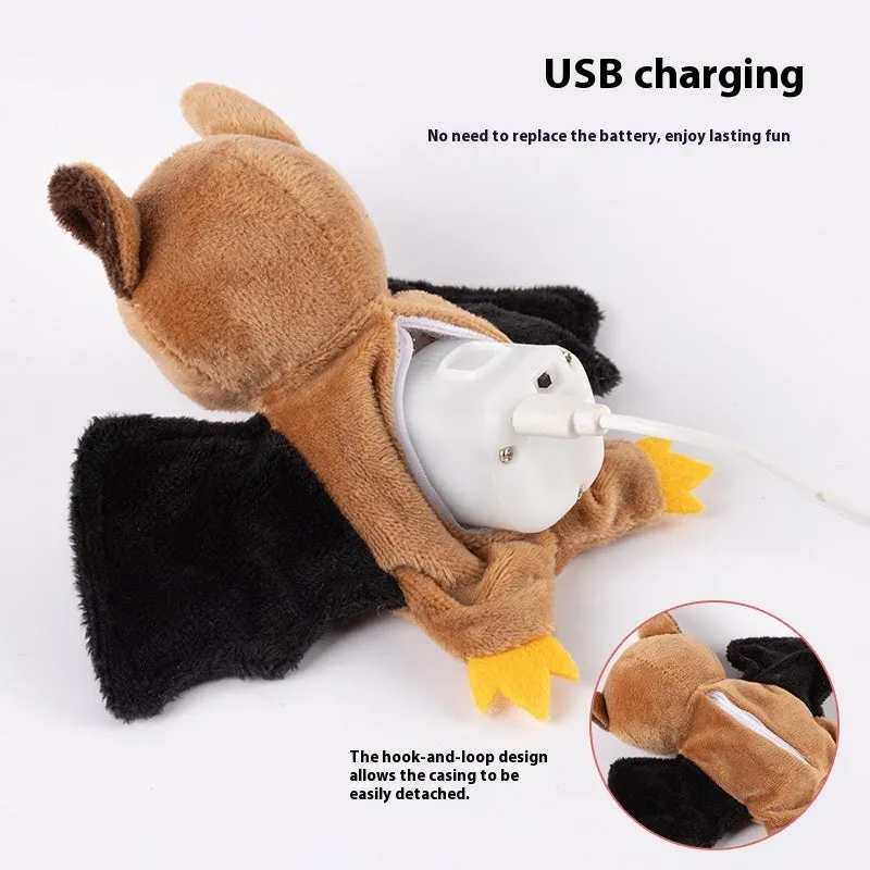 Rechargeable electric sound cat plush toy with swing wings in Halloween Bat style with catnip elastic string