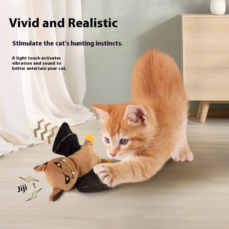 Rechargeable electric sound cat plush toy with swing wings in Halloween Bat style with catnip elastic string
