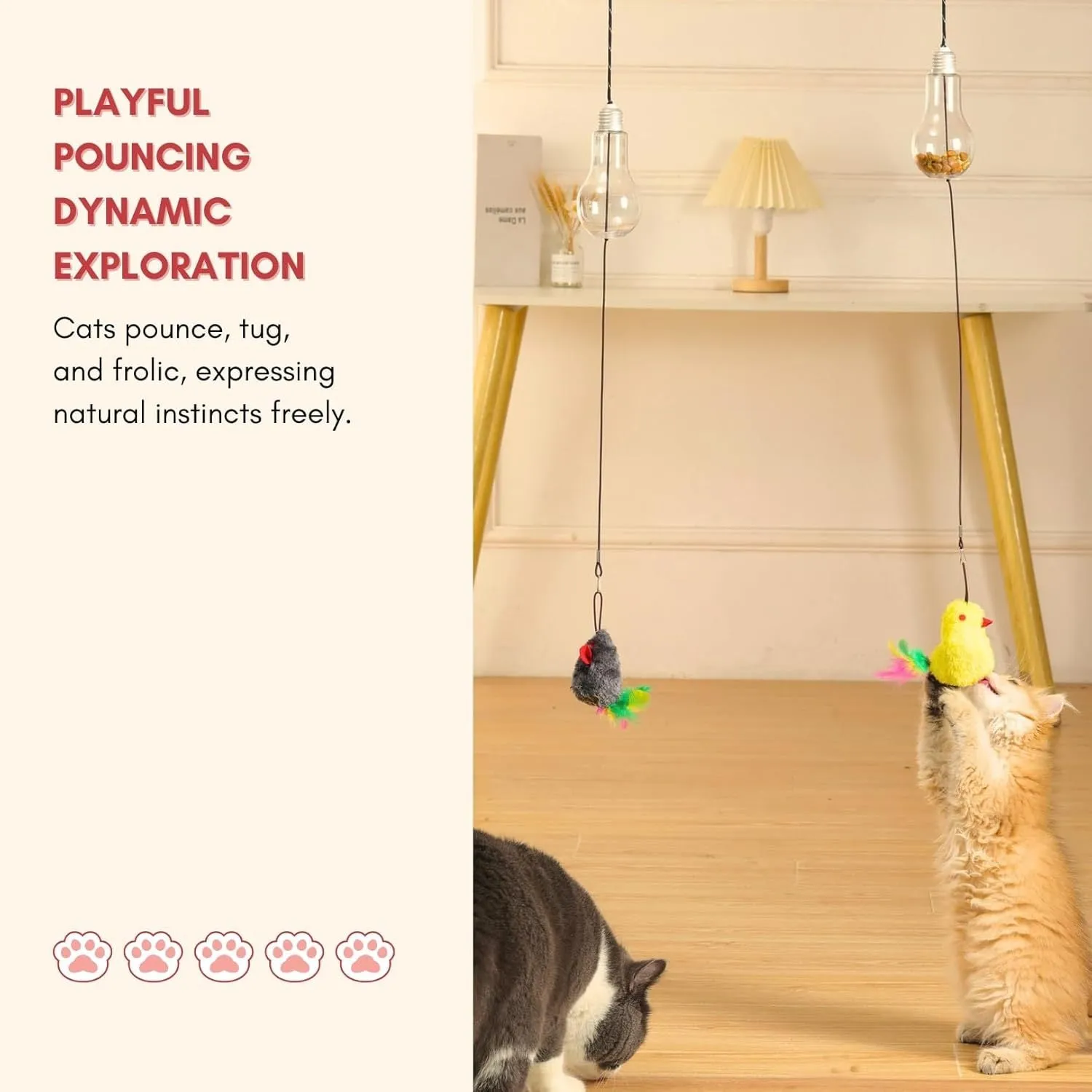 Interactive hanging cat toy with retractable elastic rope and treat reward bulb mounted on door frame