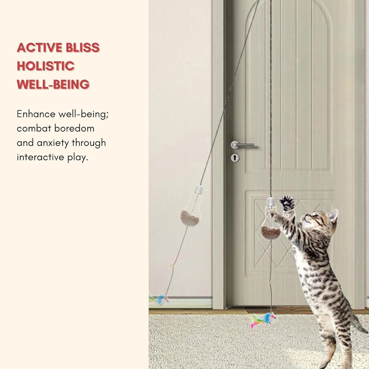 Interactive hanging cat toy with retractable elastic rope and treat reward bulb mounted on door frame