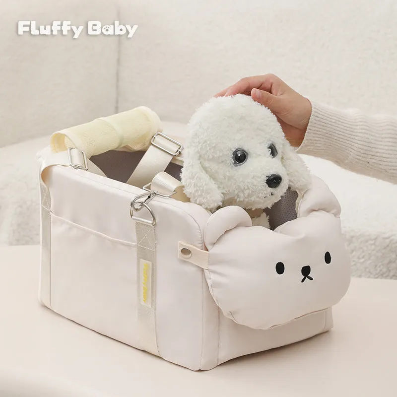 Soft beige polyester pet carrier bag with cartoon pattern for small cats and dogs
