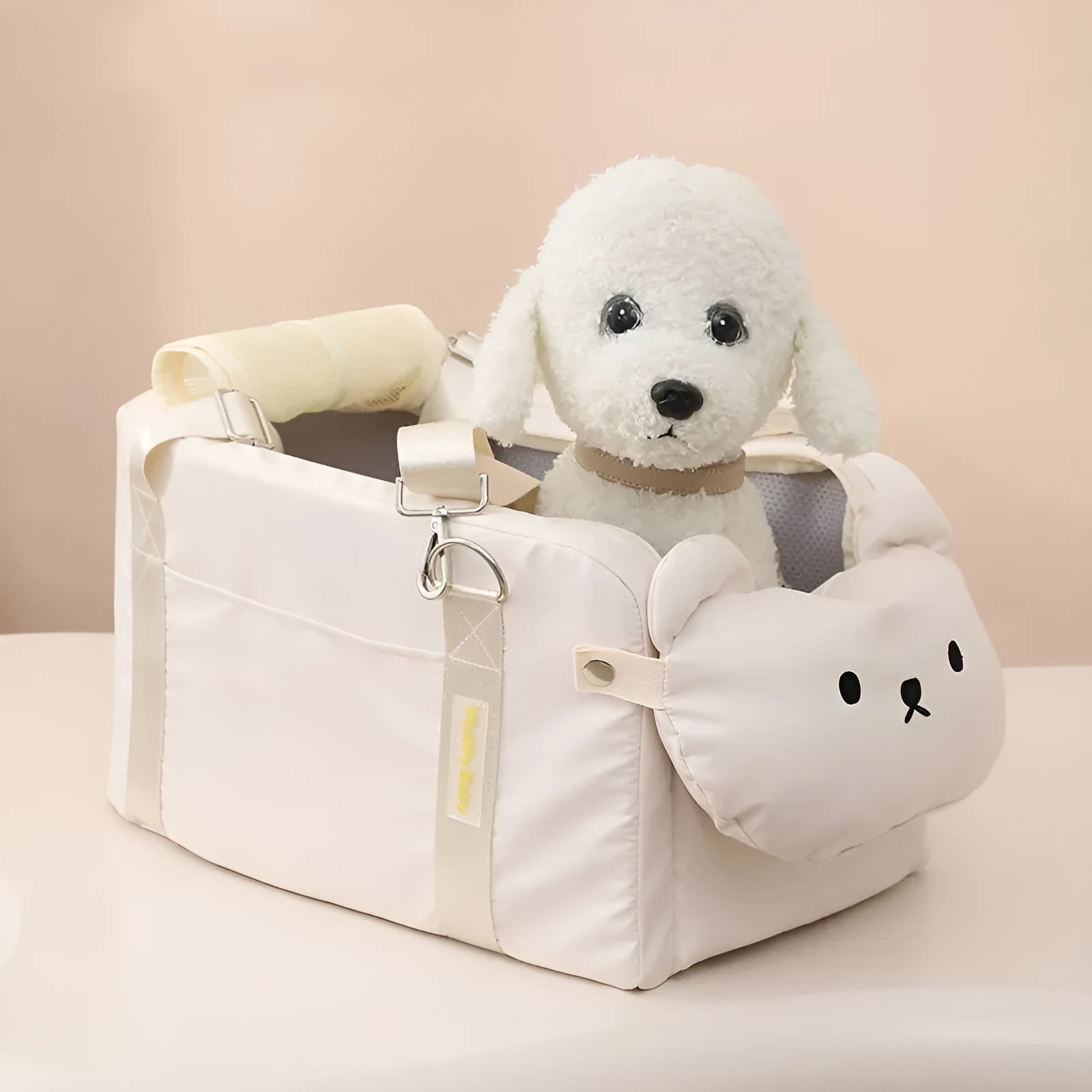 Soft beige polyester pet carrier bag with cartoon pattern for small cats and dogs