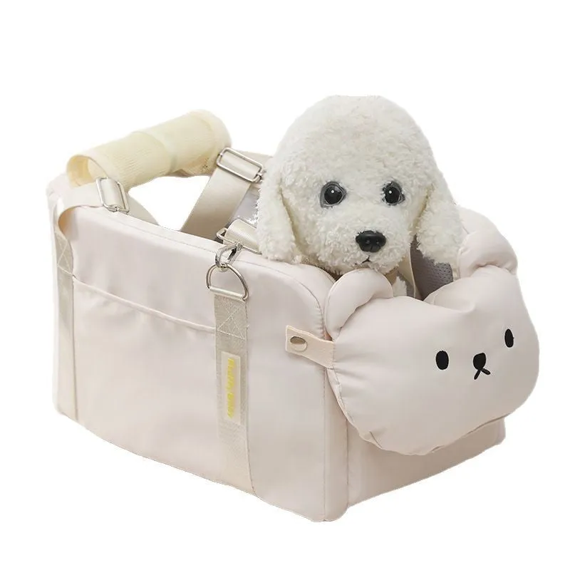 Soft beige polyester pet carrier bag with cartoon pattern for small cats and dogs