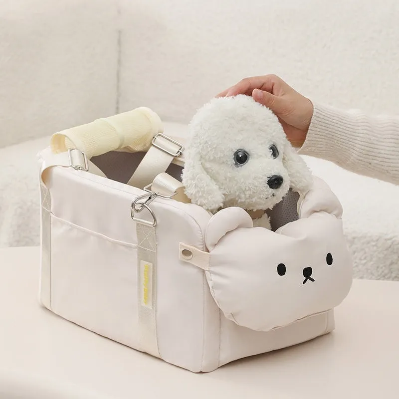 Soft beige polyester pet carrier bag with cartoon pattern for small cats and dogs