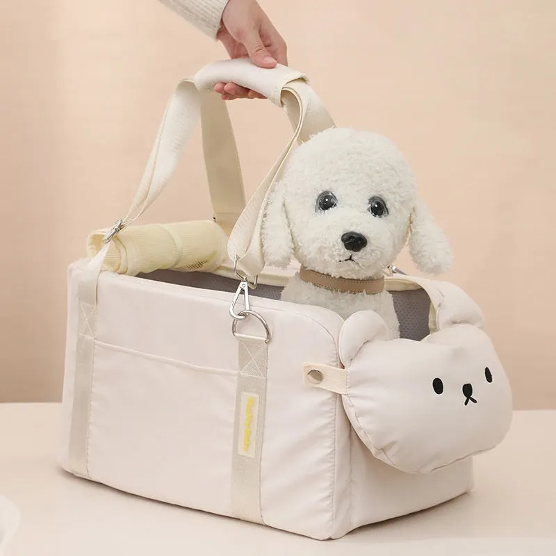 Soft beige polyester pet carrier bag with cartoon pattern for small cats and dogs